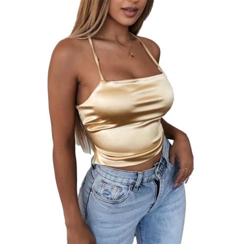 High Quality 2020 New Fashion Women Sexy Style Satin Silk Backless Back Bandage Vest Blouse Tops Strappy Summer Beach Cami Tank