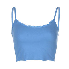 2020 E-Girl Style Spaghetti Strap V-neck with Lace Cropped Tops Y2K Summer Fashion Ribbed Solid Backless Blue Cami Streetwear