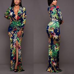 Fashion Women Floral Print Jumpsuit Long Sleeve  V-neck Playsuit Long Overalls OL Party Jumpsuits H9