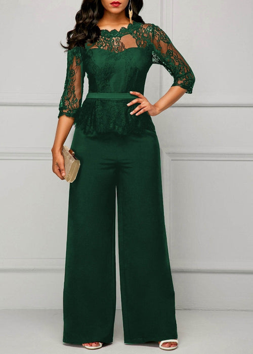 Fashion Women Plus Size Jumpsuit Hot Sale Loose Solid Color Playsuit Party Romper Half Lace Sleeve Party Elegant Long Jumpsuit