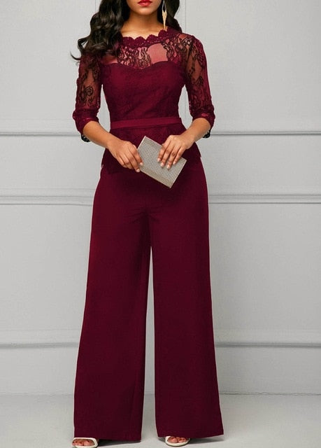 Fashion Women Plus Size Jumpsuit Hot Sale Loose Solid Color Playsuit Party Romper Half Lace Sleeve Party Elegant Long Jumpsuit