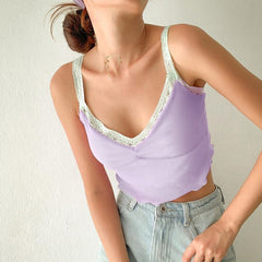 2020 E-Girl Style Spaghetti Strap V-neck with Lace Cropped Tops Y2K Summer Fashion Ribbed Solid Backless Blue Cami Streetwear