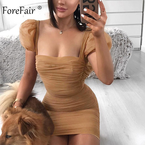 Forefair Puff Sleeve Mesh Vintage Mini Bodycon Sexy Dress Summer Square Neck Fashion 2020 Khaki Party Dress Women