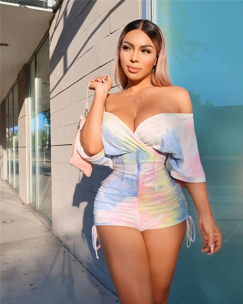 2020 Sexy Women Off Shoulder Print Bodycon Romper Jumpsuit Fashion Lace-up Summer Clubwear Tights Bodysuit Shorts Pants Trousers