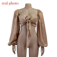 Cryptographic Sexy Backless Fashion Square Collar Wrap Women Shirts Batwing Sleeve Solid Crop Tops Women Tops and Blouses 2020