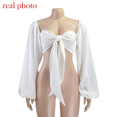Cryptographic Sexy Backless Fashion Square Collar Wrap Women Shirts Batwing Sleeve Solid Crop Tops Women Tops and Blouses 2020