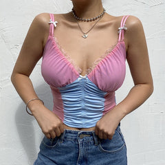 2020 E-Girl Style Spaghetti Strap V-neck with Lace Cropped Tops Y2K Summer Fashion Ribbed Solid Backless Blue Cami Streetwear