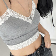 2020 E-Girl Style Spaghetti Strap V-neck with Lace Cropped Tops Y2K Summer Fashion Ribbed Solid Backless Blue Cami Streetwear