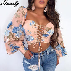 Women Blouses Square Collar Floral Print Casual Fashion Women Shirts Criss-cross Lacing Up Hollow Out Long Sleeve Women Tops