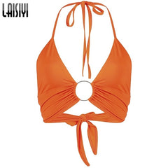 LAISIYI Sexy V Neck Hollow Out Crop Top Women New Solid Backless Velvet Camis Halter Tank Top Summer Basic Tops Streetwear