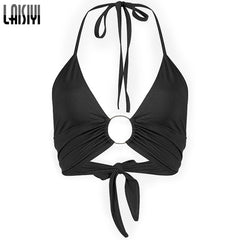 LAISIYI Sexy V Neck Hollow Out Crop Top Women New Solid Backless Velvet Camis Halter Tank Top Summer Basic Tops Streetwear