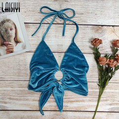 LAISIYI Sexy V Neck Hollow Out Crop Top Women New Solid Backless Velvet Camis Halter Tank Top Summer Basic Tops Streetwear