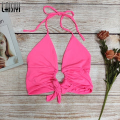 LAISIYI Sexy V Neck Hollow Out Crop Top Women New Solid Backless Velvet Camis Halter Tank Top Summer Basic Tops Streetwear