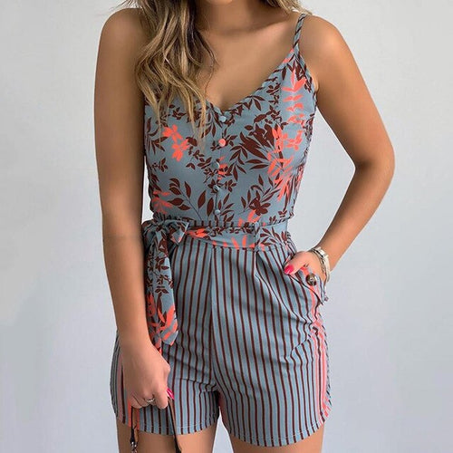 2020 New Ladies Jumpsuit Sexy V-neck Sling Playsuit Women Fashion Printed Jumpsuit Female Slim Stripes Tie Jumpsuit