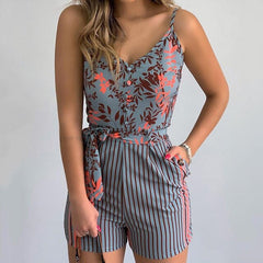 2020 New Ladies Jumpsuit Sexy V-neck Sling Playsuit Women Fashion Printed Jumpsuit Female Slim Stripes Tie Jumpsuit