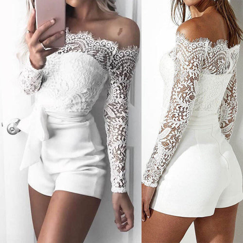 Autumn Sexy Lace Long sleeve Jumpsuit Womens Off shoulder Jumpsuits Bodycon Playsuit Short Trousers Summer Fashion White Romper